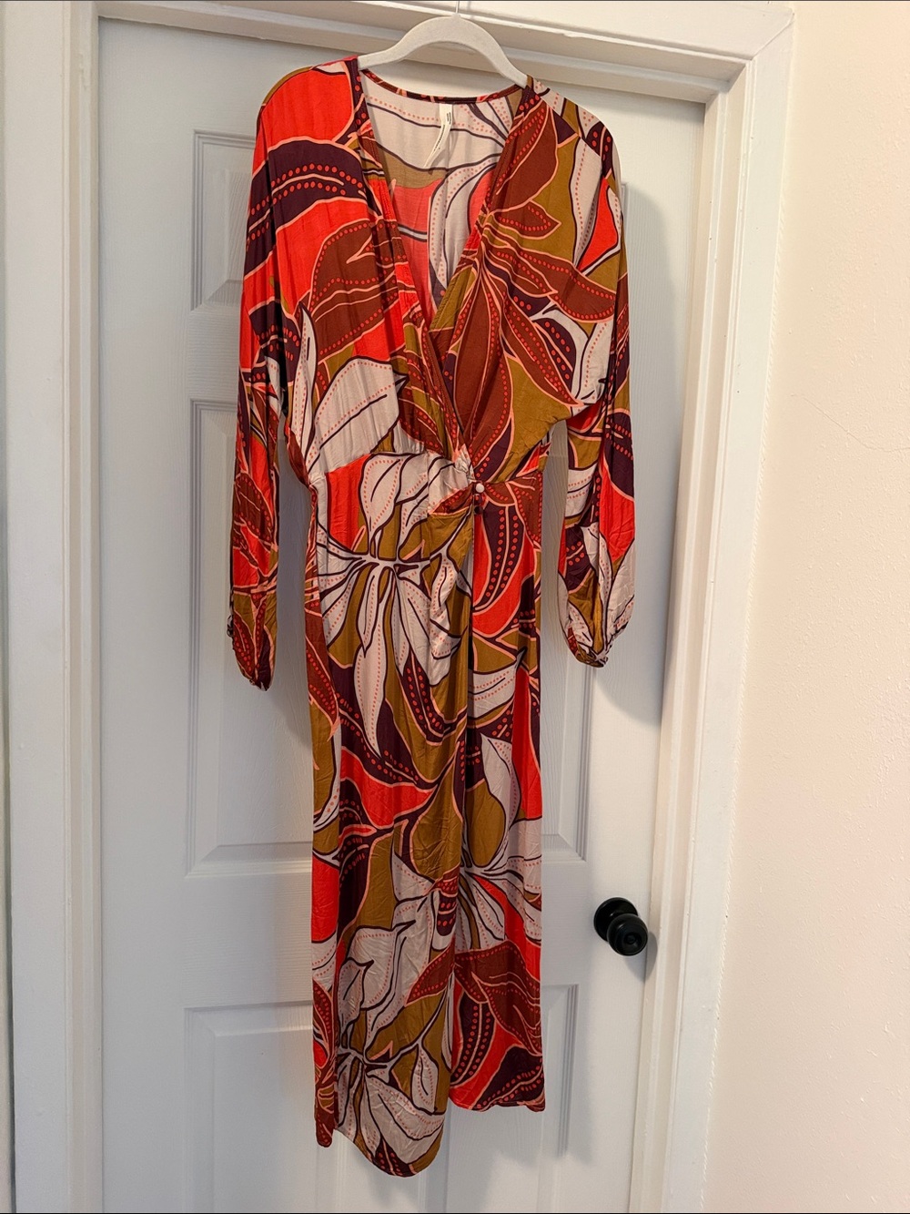 Anthropologie Red & Rust Leaf-Print Long Sleeve Wrap Dress